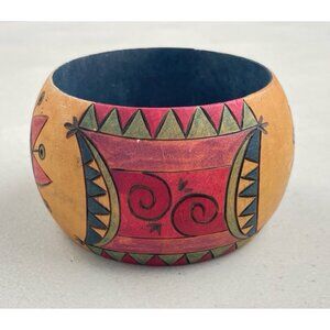 Vintage Painted Wood Bangle Bracelet Southwest Sun Pattern Etched 2 inch wide